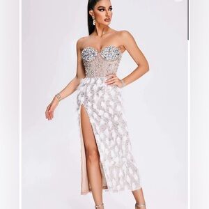 Feather beaded strapless dress